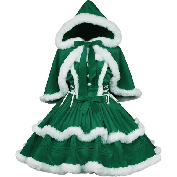 Dresses & Skirts - Women's Christmas Green White Dress Santa Outfit Cute Lolita Holiday Costume